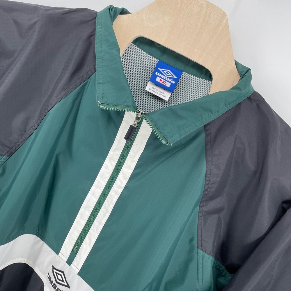 Umbro Vintage Windbreaker Mens XXL Green Black Colorblock Ripstop Quarter Zip